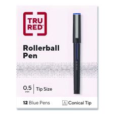 TRU RED Rollerball Pen, Stick, Fine 0.5 mm, Blue Ink, Black/Blue/Clear Barrel, Dozen