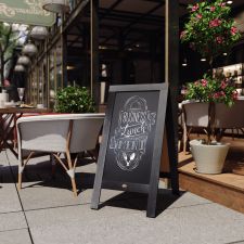 Canterbury 40" x 20" Black Wooden Indoor/Outdoor A-Frame Magnetic Chalkboard Sign Set with 8 Chalk Markers, 10 Stencils, and 2 Magnets, and Eraser