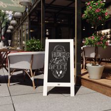 Canterbury 40" x 20" White Wooden Indoor/Outdoor A-Frame Magnetic Chalkboard Sign Set with 8 Chalk Markers, 10 Stencils, and 2 Magnets, and Eraser