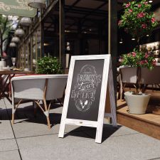 Canterbury 40" x 20" Whitewashed Wooden Indoor/Outdoor A-Frame Magnetic Chalkboard Sign Set - 8 Chalk Markers, 10 Stencils, 2 Magnets, and Eraser
