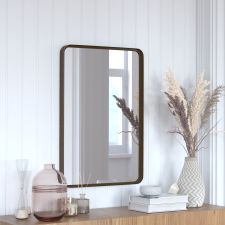 Janinne 20" x 30" Decorative Wall Mirror - Rounded Corners, Bathroom & Living Room Glass Mirror Hangs Horizontal Or Vertical, Brushed Bronze