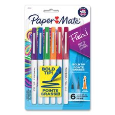 Paper Mate Flair Felt Tip Porous Point Pen, Stick, Bold 1.2 mm, Assorted Ink Colors, White Pearl Barrel, 6/Pack