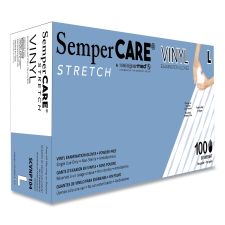 SemperCare Stretch Vinyl Examination Gloves, Powder-Free, Large, 5 mil Thick, 9.45" Long, Cream, 100/Box