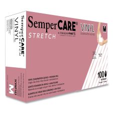 SemperCare Stretch Vinyl Examination Gloves, Powder-Free, Medium, 5 mil Thick, 9.45" Long, Cream, 100/Box, 10 Boxes/Carton