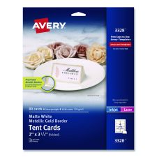 Avery Matte White Metallic Gold Border Tent Cards, 3.5 x 2, 4 Cards/Sheet, 20 Sheets/Pack