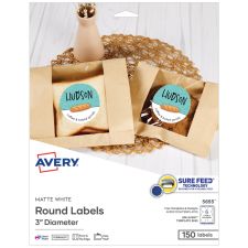 Avery Printable Labels With Sure Feed, Round, 3" diameter, Matte White, Pack Of 150
