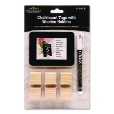Excello Global Products Tabletop Chalkboard Tag, Black Surface, Teak Wood Holder, 3 x 4, 6/Pack