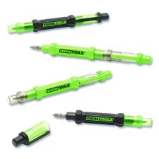 OEMTOOLS 6-Way Pen-Style Screw/Nut Driver, Phillips/Slotted Bits, Metric Sockets, 5.38" Long, Black/Green, Green/Clear, 4/Pack