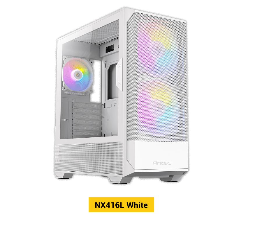Antec NX416 Mesh White ATX. USB-C x1, USB 3.0 x. 2x ARGB 160mm   1x ARGB 120mm Fans. LED & PWM Controller. SSD Storage, Cable Routing, Gaming Case