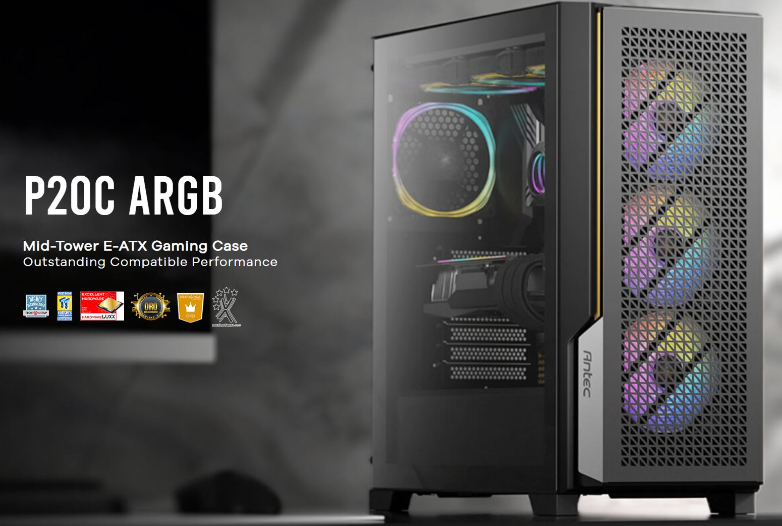 Antec P20C ARGB, ATX, E-ATX, High Airflow, USB-C, Cable management, 4x HDD/SSD , 375mm GPU, 170mm CPU, 3x ARGB PWM 12CM,Fan Control, Gaming Case