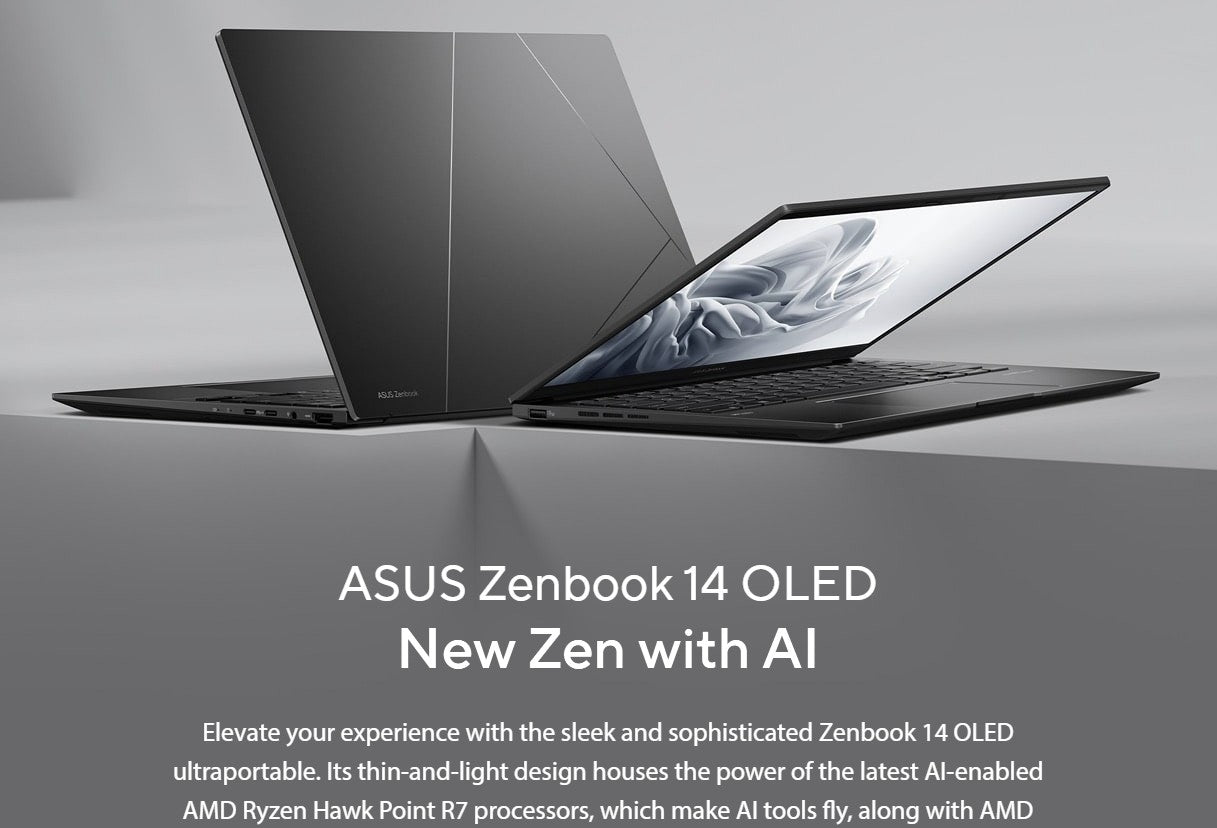 ASUS ZenBook 14'AMD AI R7 3K (2880 x 1800) OLED 16:10,  LPDDR5X 32G, USB-C Display / PD, 1TB PCIE G4 Jade Black Win11 Home, 1.2kg Notebook ~i7