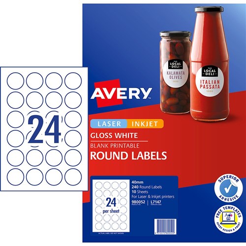 Avery Blank Printable Labels L7147 40mm Round Gloss White 24UP 240 Labels 10 Sheets