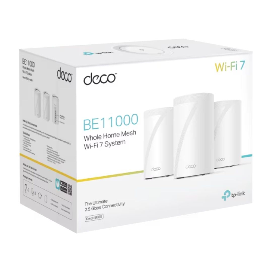 TP-Link Deco BE65(3-pack) BE11000 Whole Home Mesh Wi-Fi 7 System (WIFI7) , 574 Mbps at 2.4 GHz   4320 Mbps at 5 GHz   5760 Mbps at 6 GHz
