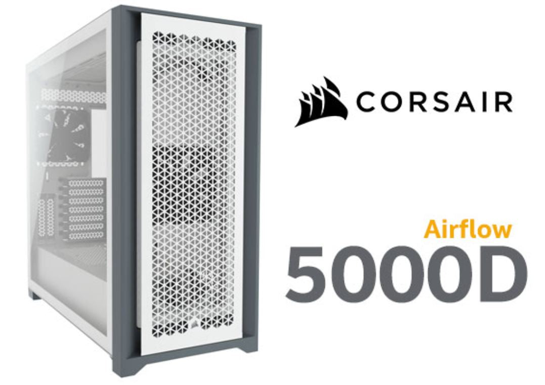 Corsair 5000D AIRFLOW E-ATX, ATX, USB Type-C, 1x 120mm Front & Rear, Radiator 360mm. 7 2 PCI Slot, 4x 2.5' SSD, 2x 3.5' HDD. VGA 420mm. White. Case