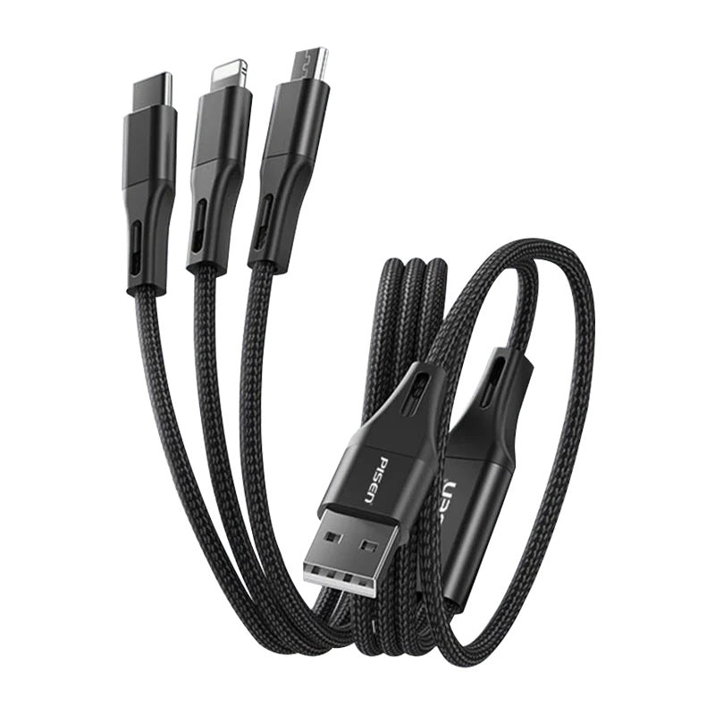 Pisen Braided 3-in-1 USB-A to Lightning   USB-C   Micro-USB Cable (1.5M) - Black, 3A/15W, Aluminum Alloy, Wear-Resistant, Faster Charging Speeds