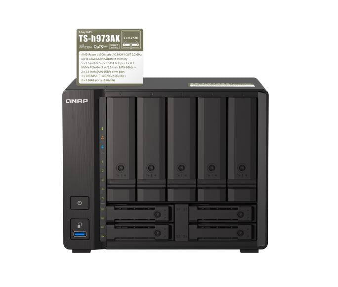 QNAP TS-h973AX 9-Bay NAS AMD Ryzen Embedded V1500B quad-core eight threads 2.2 GHz processor 8G Hot-swappable 2 x2.5GbE 1x10GBASE-T 4xUSB3.2 3YR WTY