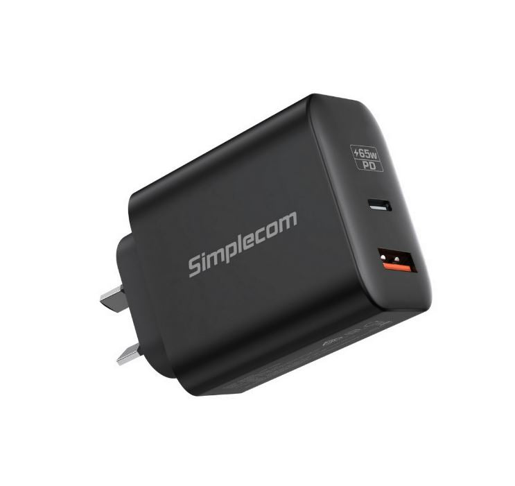 Simplecom CU265 Dual Port PD 65W GaN Fast Wall Charger USB-C   USB-A for Phone Laptop