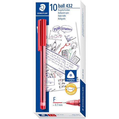 Staedtler 432 Stick Triangular Ballpoint Pen Fine 0.7mm Red Box of 10