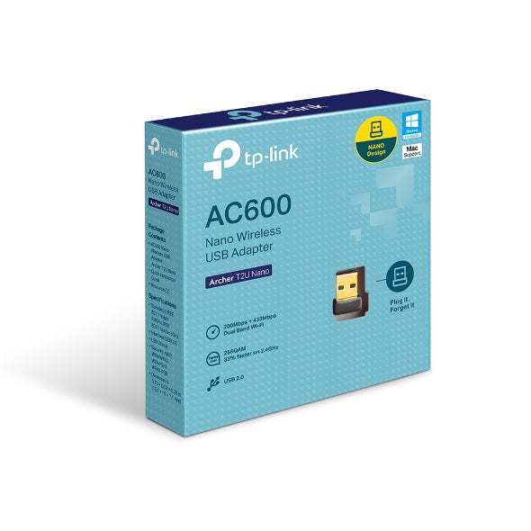TP-Link Archer T2U Nano AC600 Nano Dual Band Wi-Fi USB Adapter, 433 Mbps at 5 GHz   200 Mbps at 2.4 GHz,  USB 2.0