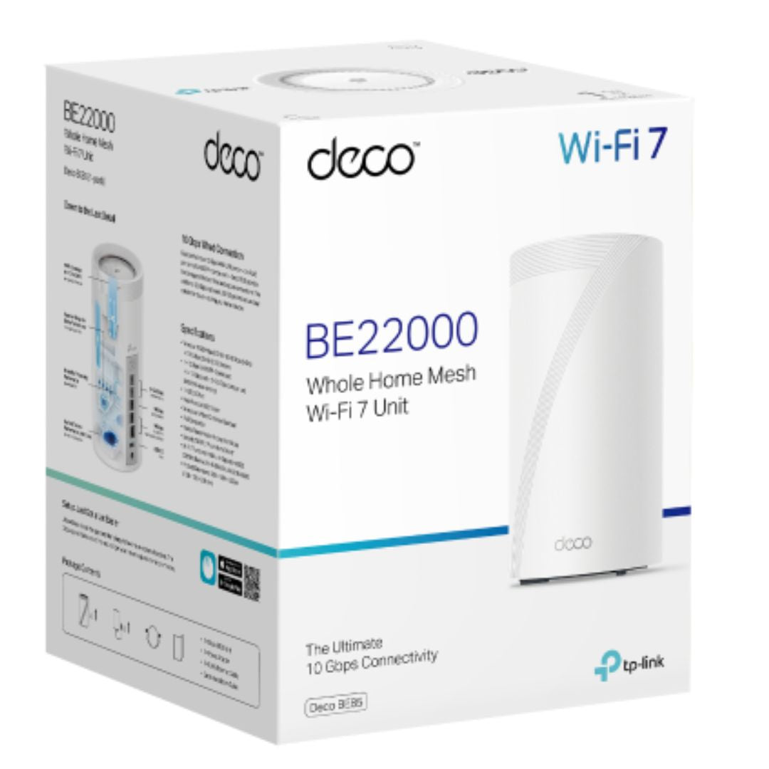 TP-Link Deco BE85(1-pack) BE22000 Tri-Band Whole Home Mesh Wi-Fi 7 System (WIFI7), 1376 Mbps at 2.4 GHz   8640 Mbps at 5 GHz   11520 Mbps at 6 GHz