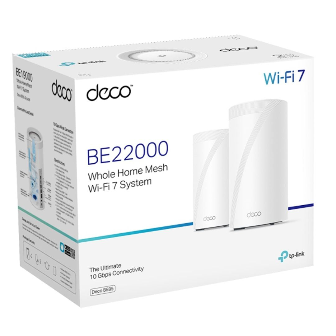 TP-Link Deco BE85(2-pack) BE22000 Tri-Band Whole Home Mesh Wi-Fi 7 System (WiFI7), 1376 Mbps at 2.4 GHz   8640 Mbps at 5 GHz   11520 Mbps at 6 GHz
