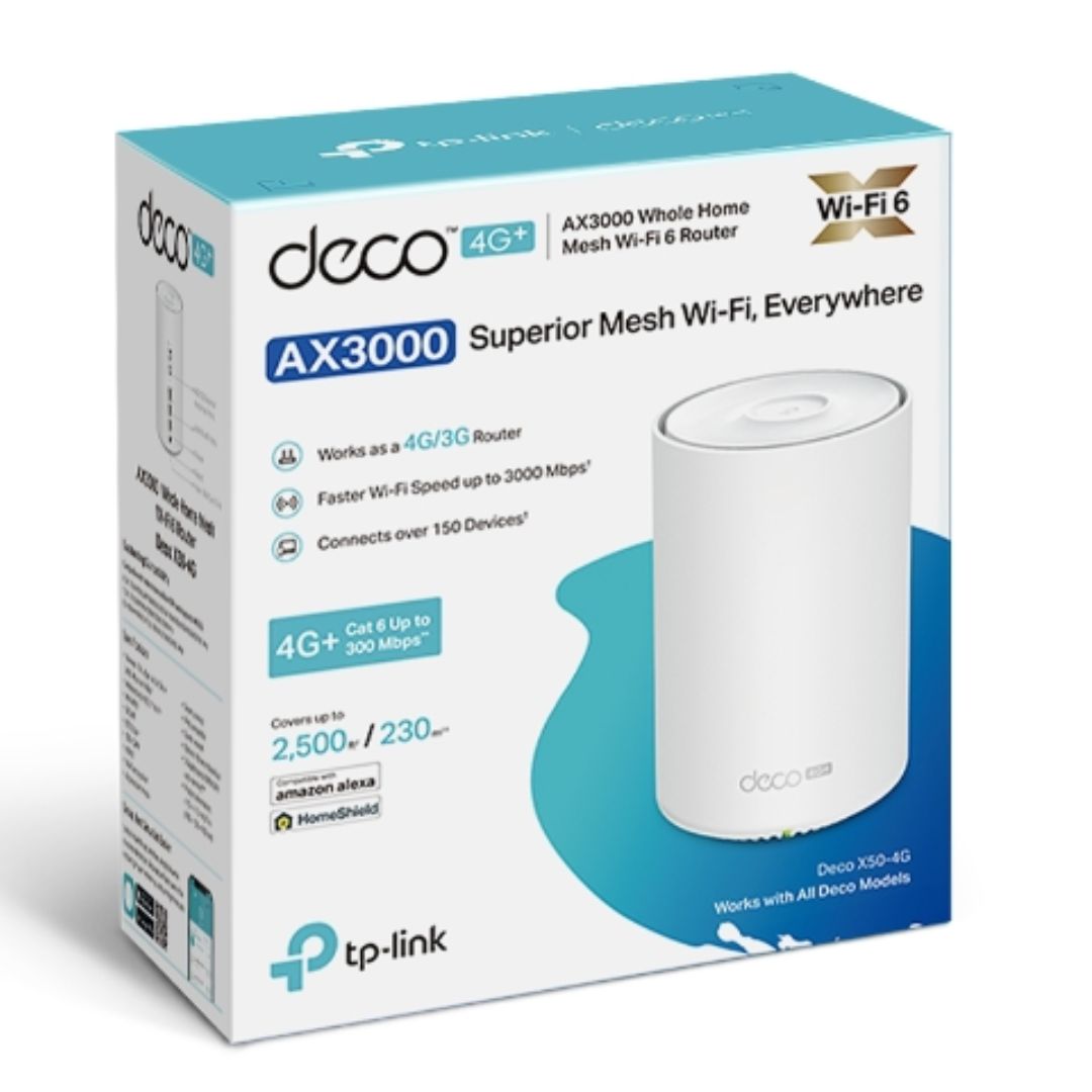 TP-Link Deco X50-4G(1-pack) 4G  AX3000 Whole Home Mesh Wi-Fi 6 Router, Build-In 300Mbps 4G  LTE Advanced Modem