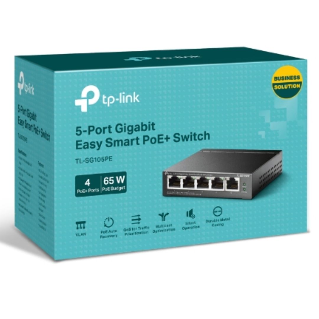 TP-Link TL-SG105PE 5-Port Gigabit Easy Smart Switch with 4-Port PoE , Up To 65W For all PoE Ports, Up To 30W Each PoE Port
