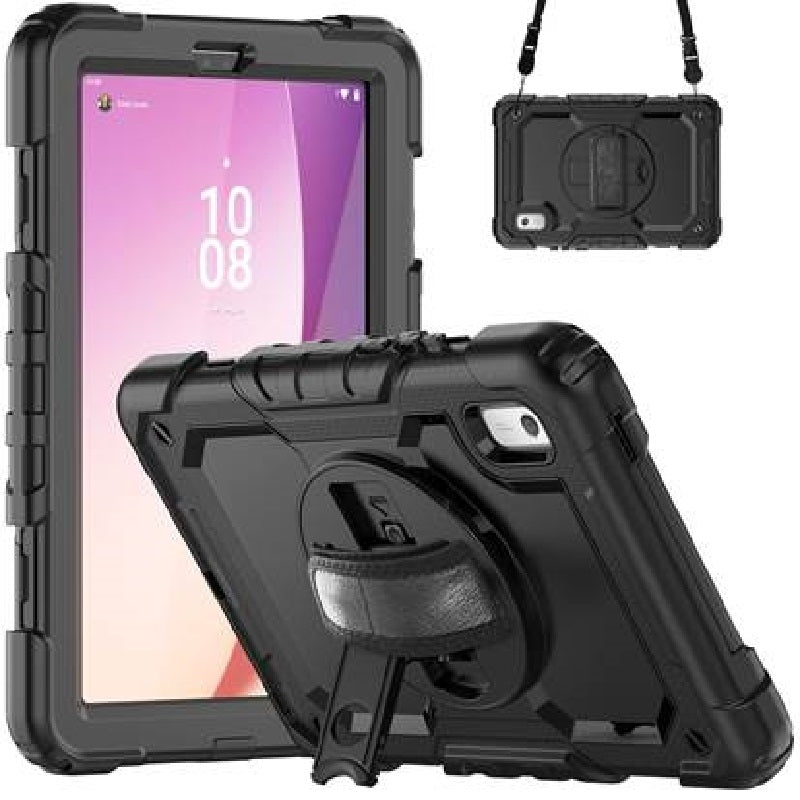 USP Rugged Lenovo Tab M9 (9') Case   Screen Protector Black - Built-in-Kickstand, Adjustable Hand Strap, Shoulder Strap, Reinforced Corners
