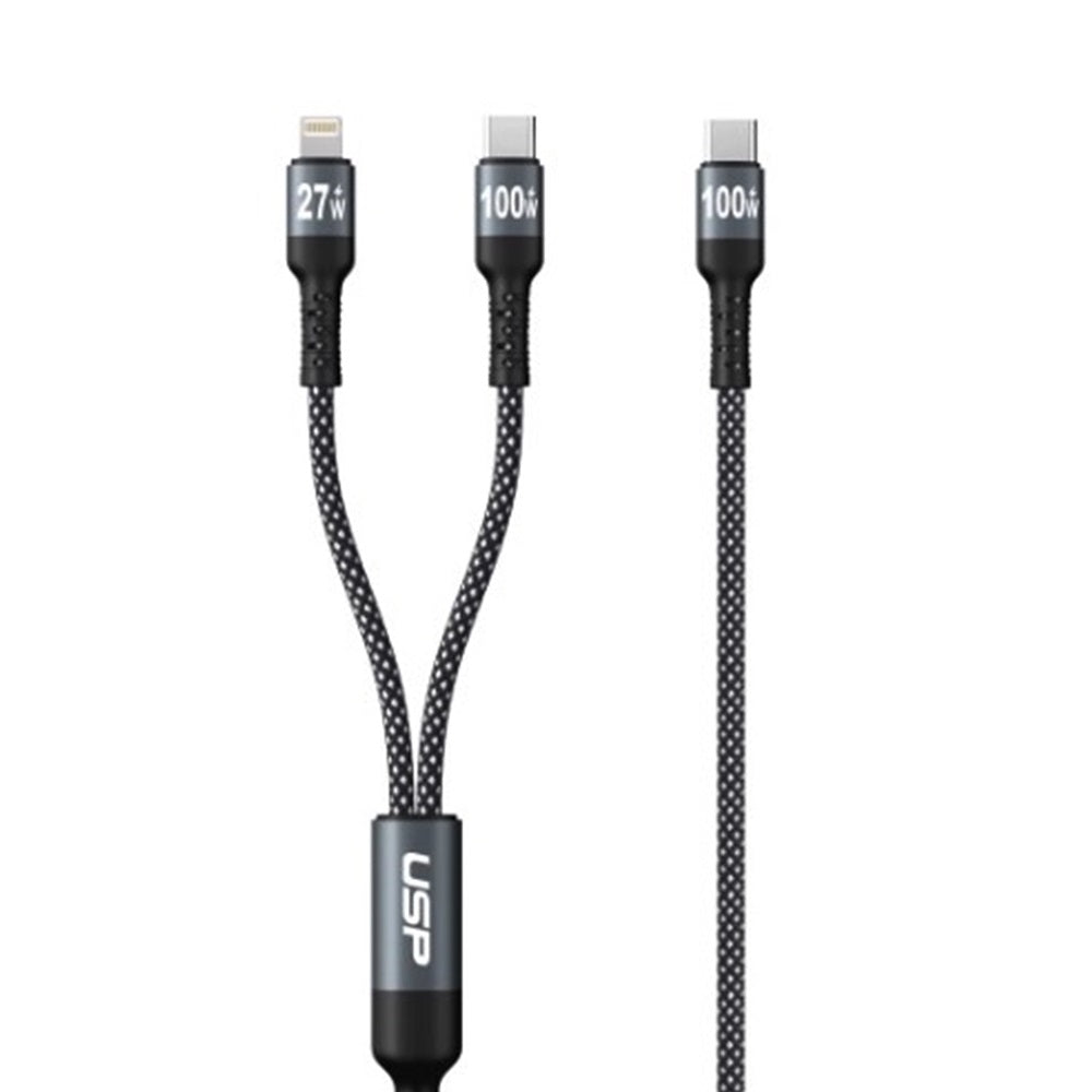 USP Braided 2-in-1 USB-C to Lighting (27W)   USB-C (100W) Super Fast Charging Cable (1.2M) Black - High Speed Charging