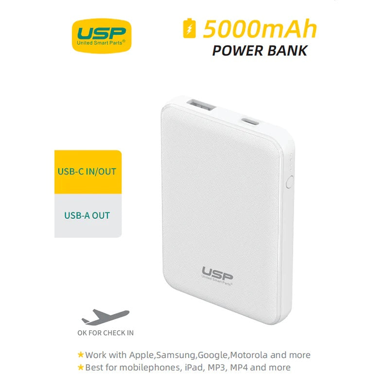 USP Mini 5K mAh Power Bank (18.5W) with Dual Ports (USB-C   USB-A) White - LED Power Indicator, Fast & Safe,Intelligent Charging,Meet Airport Aviation