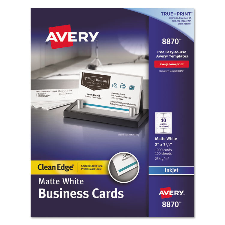 Avery True Print Clean Edge Business Cards, Inkjet, 2 x 3.5, White, 1,000 Cards, 10 Cards/Sheet, 100 Sheets/Box (AVE8870) Pack of 1000