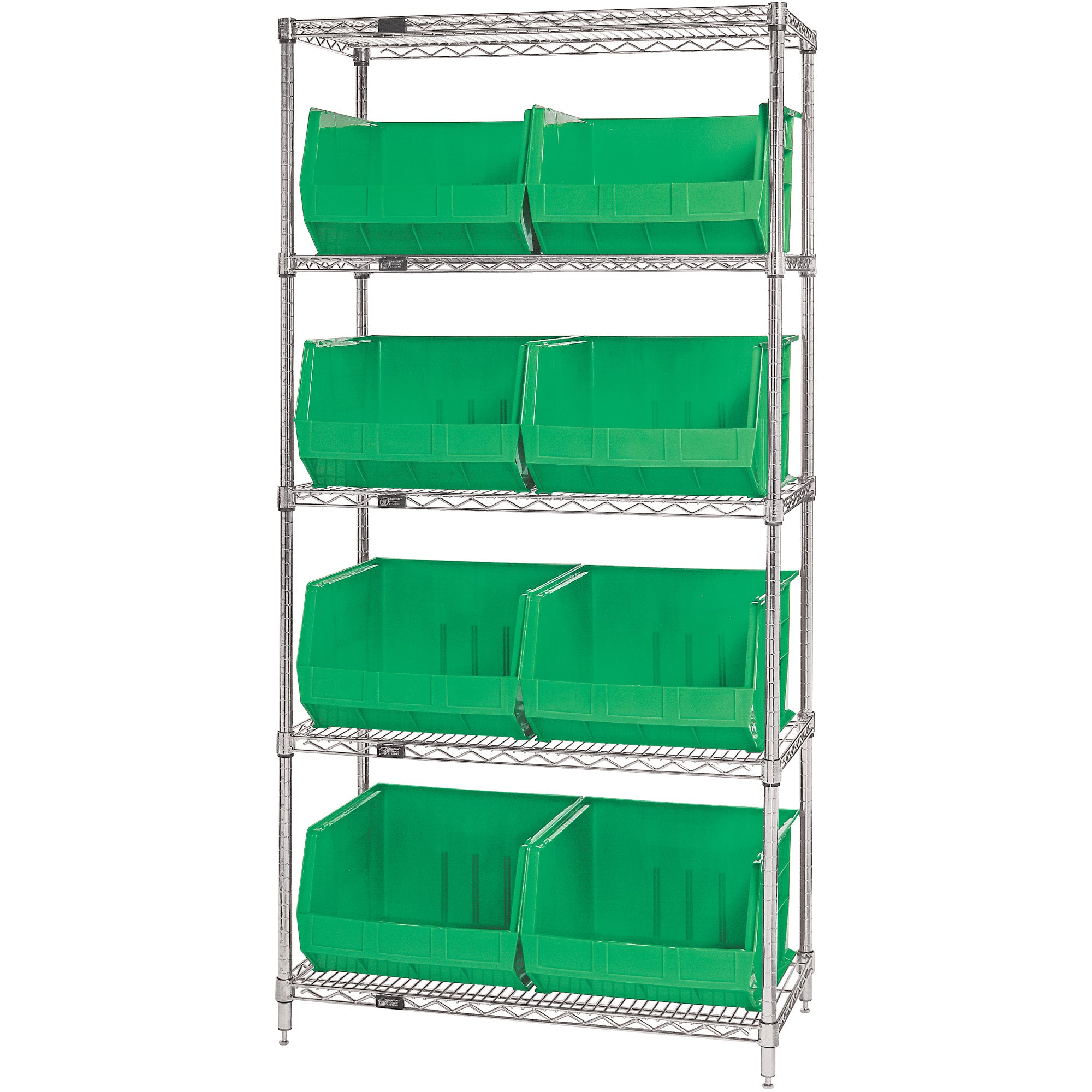 36 x 18 x 74" - 5 Shelf Wire Shelving Unit with (8) Green Bins (WSBQ270G) Each
