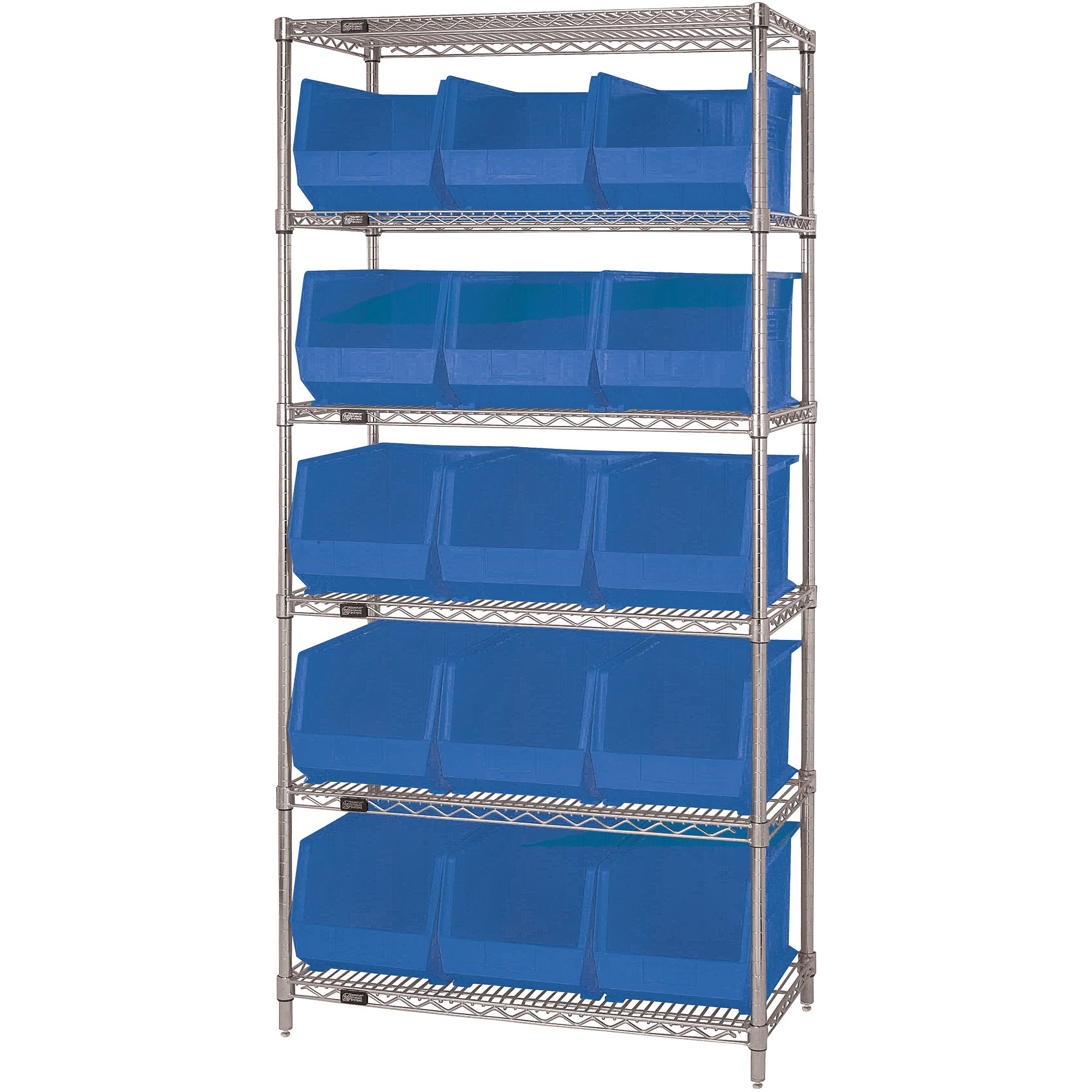 36 x 18 x 74" - 6 Shelf Wire Shelving Unit with (15) Blue Bins (WSBQ260B) Each