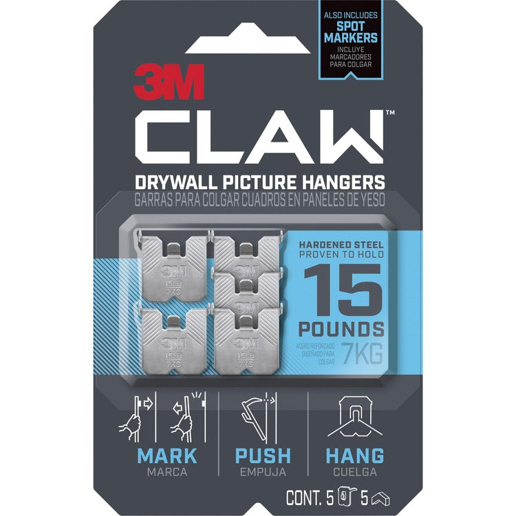 3M Claw Drywall Picture Hanger, Holds 15 lbs, 5 Hooks and 5 Spot Markers, Stainless Steel (MMM3PH15M5ES) Pack Of 5