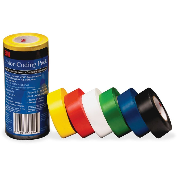 3M Color-Coding Pack, Vinyl Tape, .94" x 21.87Yds, 6/PK, MI (MMM7641226PK) Pack of 6