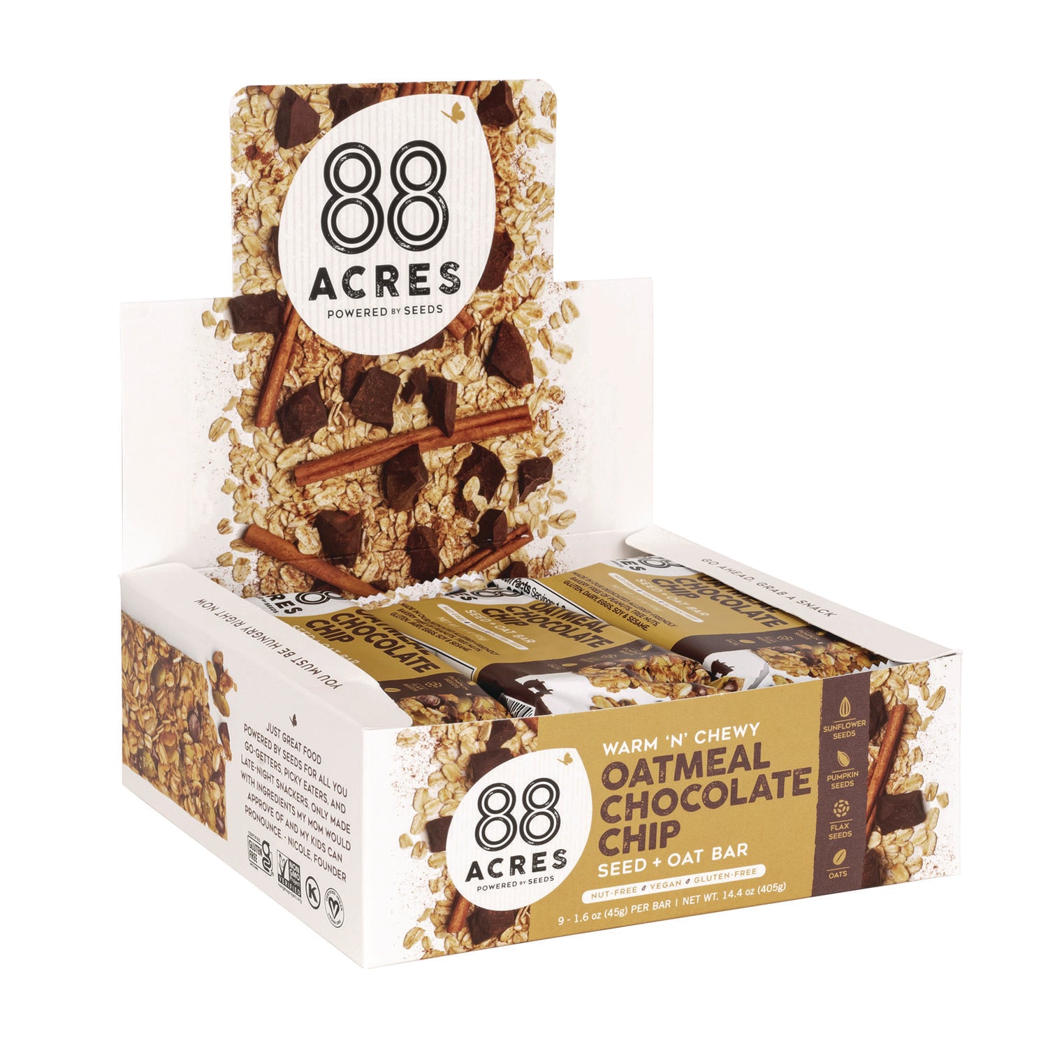 88 ACRES Warm 'N Chewy Gluten-Free Oatmeal/Chocolate Chip Seed and Oat Bar, 1.6 oz Bar, 9/Box (AABACY11049) Box of 9