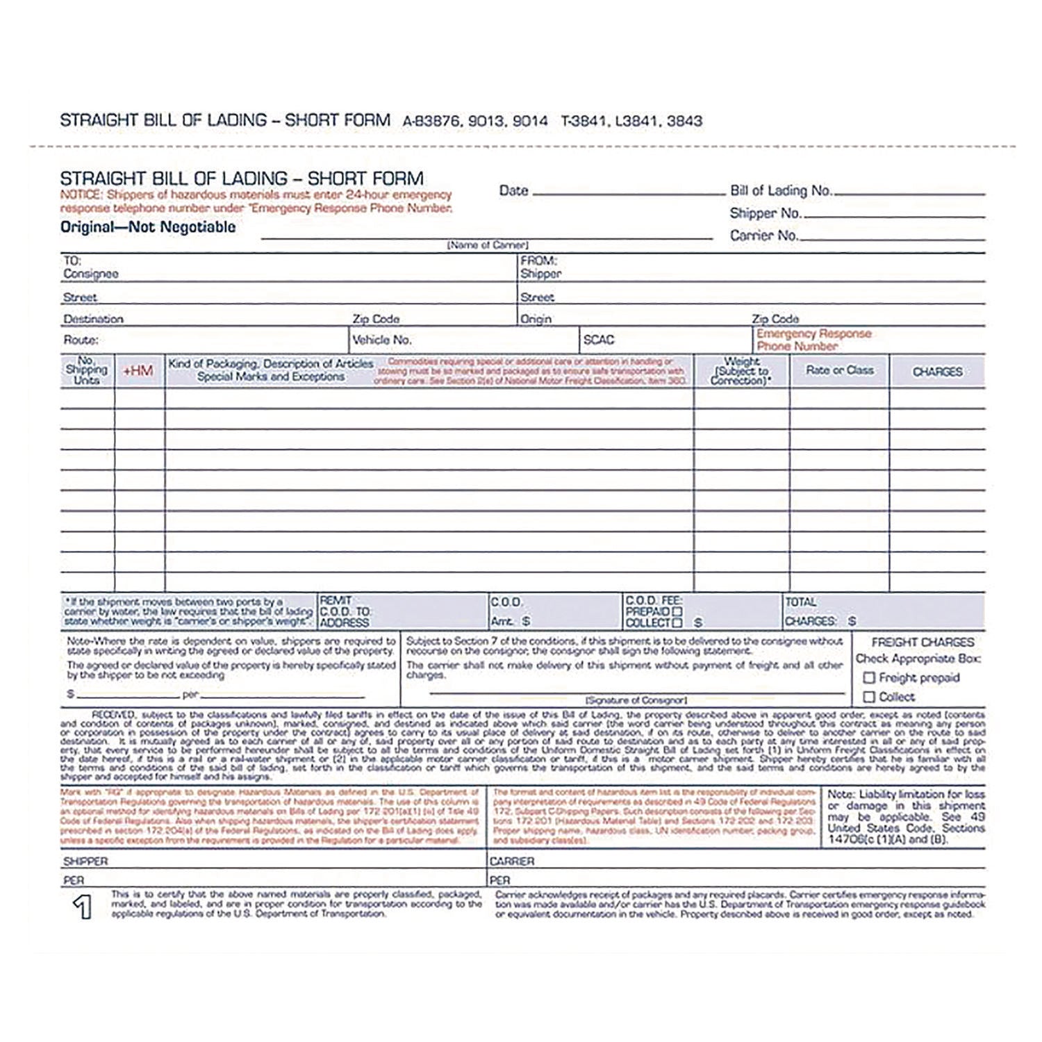 Adams Bill of Lading - Short Form for Up to Ten Articles, Three-Part Carbonless, 8.5 x 6.94, 250 Forms Total (ABFB3876) Pack of 250