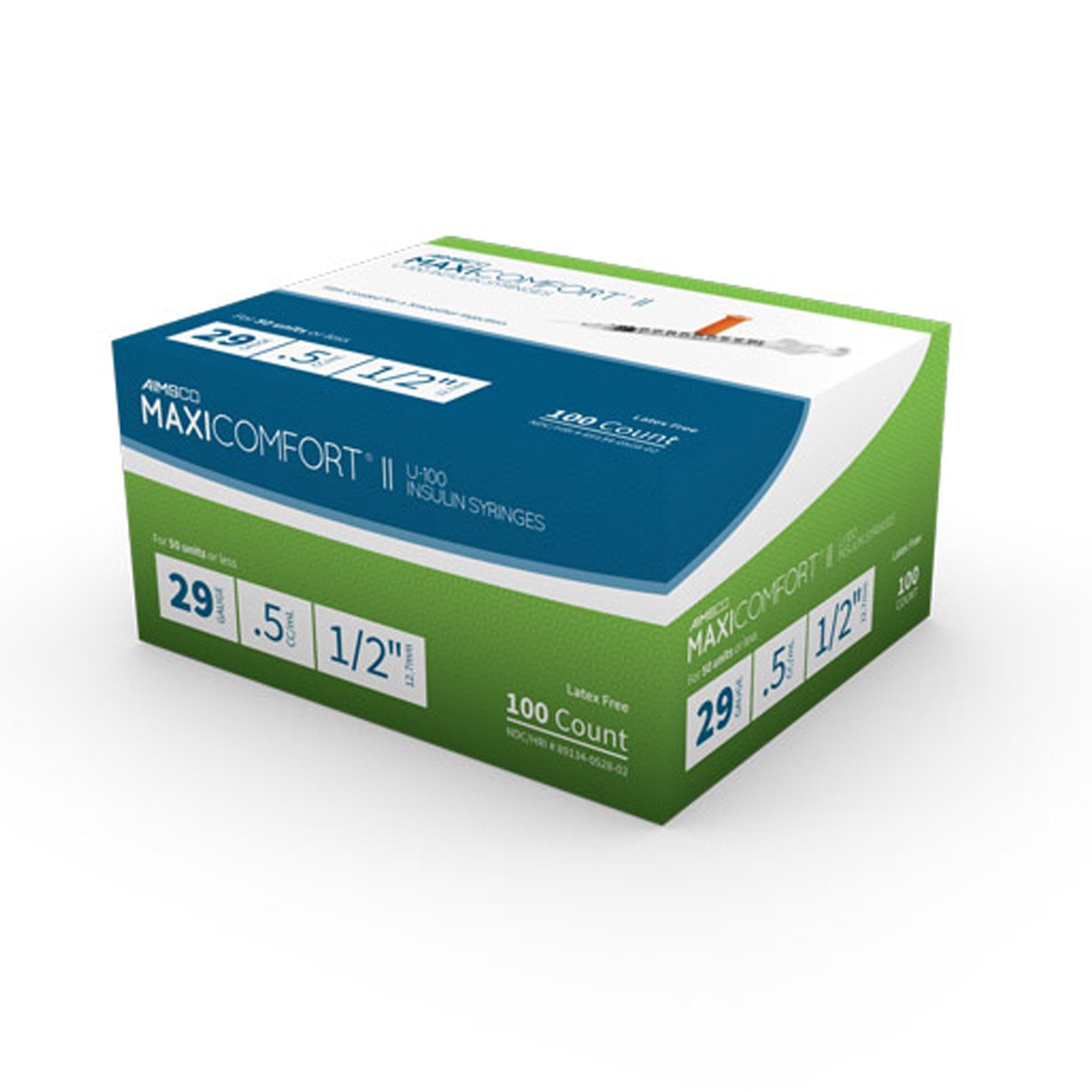 AIMSCO Standard Insulin Syringe with Needle 0.5 mL 1/2 Inch 29 Gauge NonSafety Ultra Thin Wall (1182681_BX) 100/BX