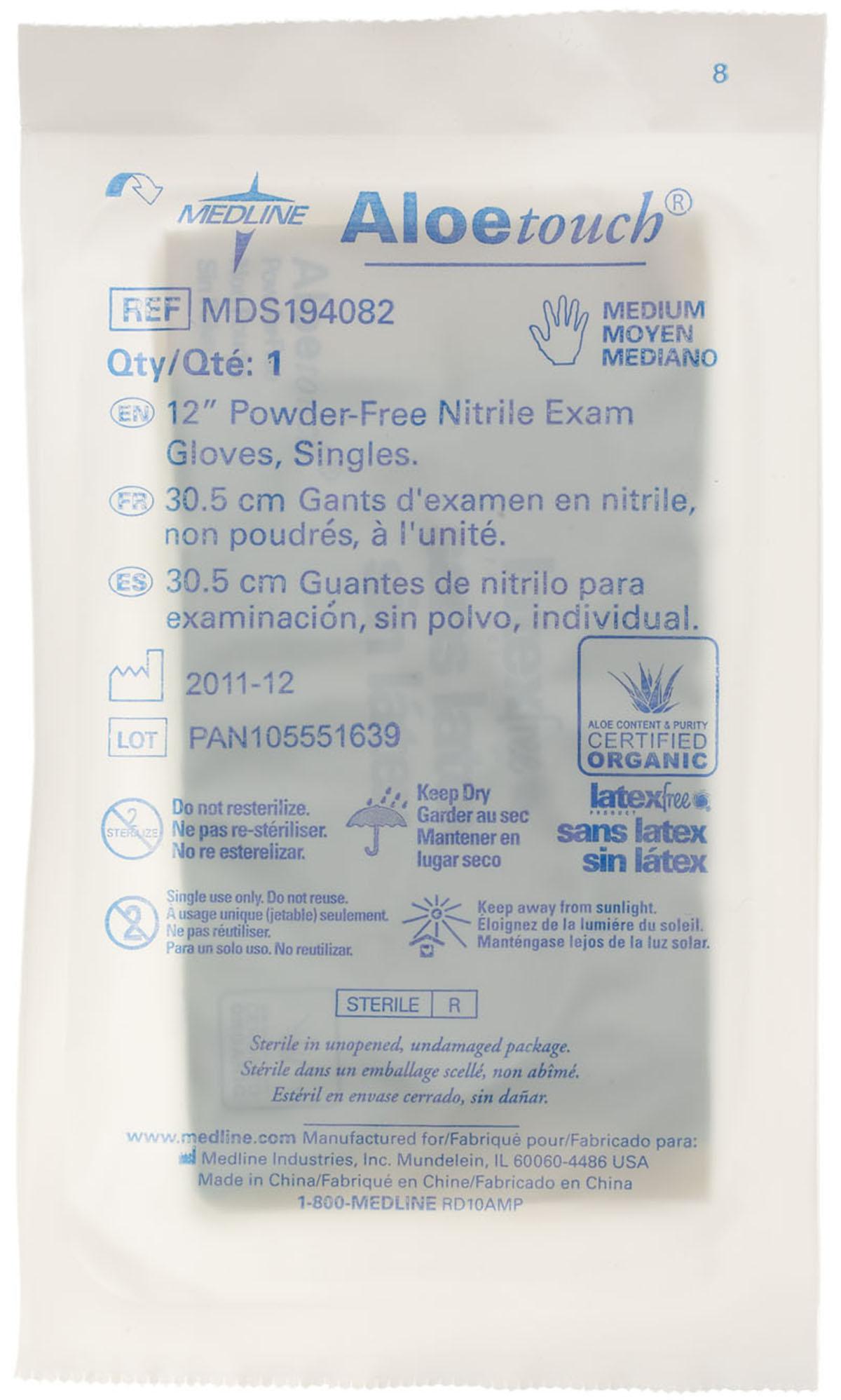 AloeTouch 12" Powder-Free Nitrile Exam Gloves, Sterile Singles, Size M, 100/BX (MDS194082Z) Box of 100