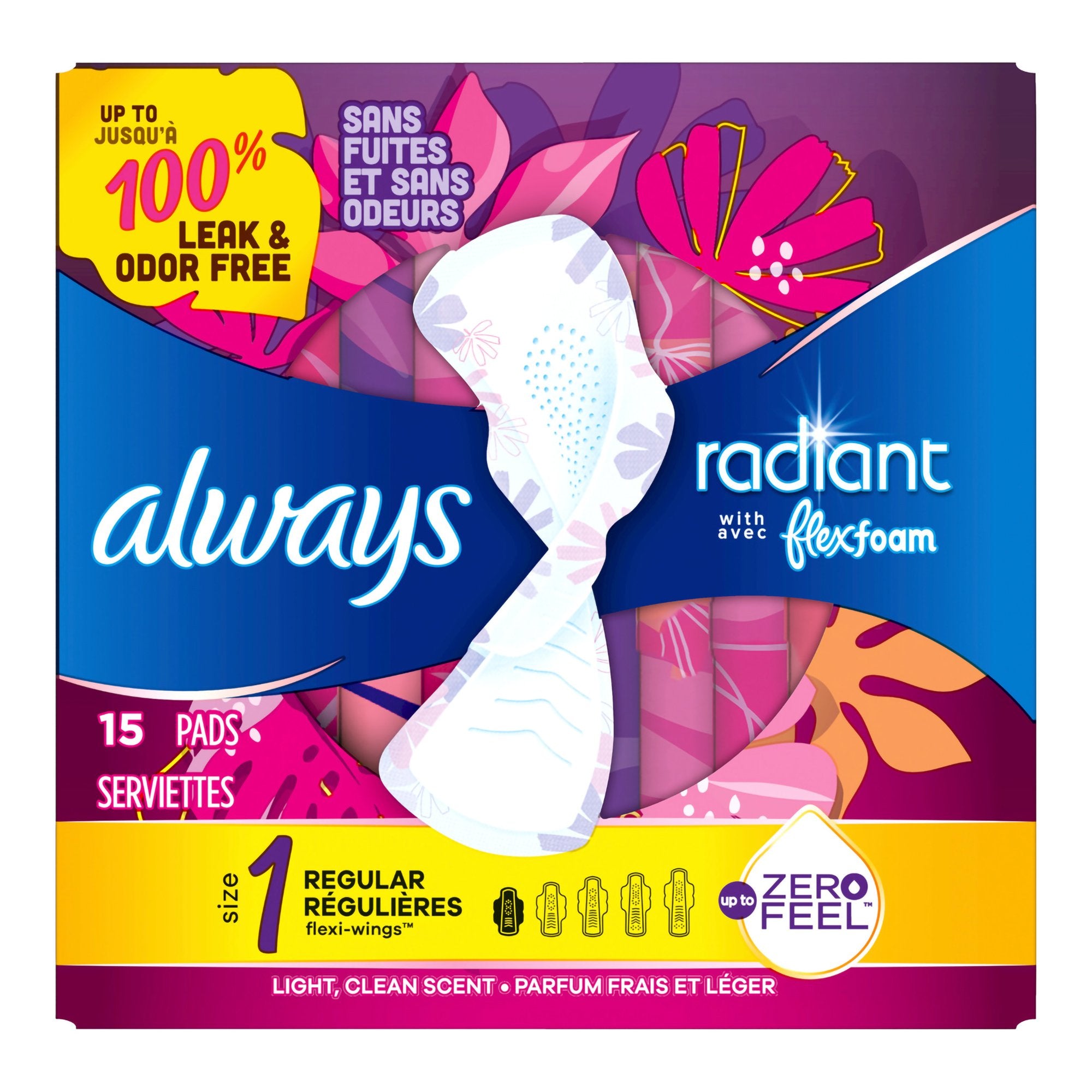 Always Radiant with FlexFoam Feminine Pad With Wings Regular Absorbency (1231750_BX) 15/BX