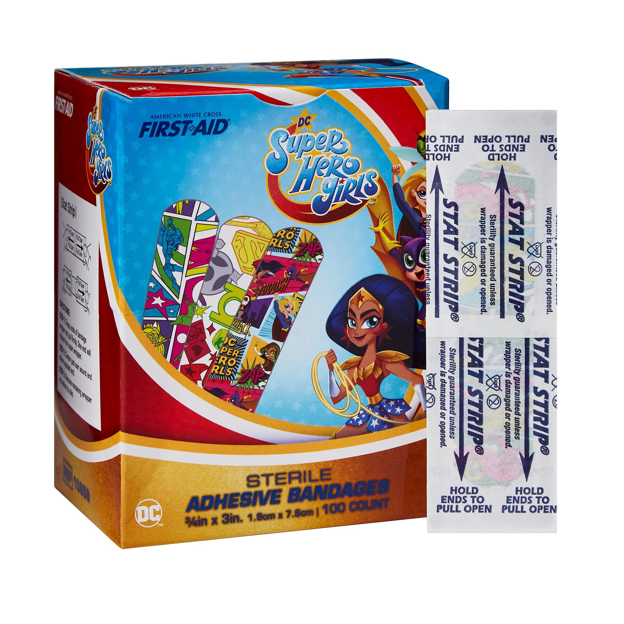 American White Cross Stat Strip Adhesive Strip 3/4 X 3 Inch Plastic Rectangle Kid Design (DC Super Hero Girls) Sterile (1018040_BX) 100/BX