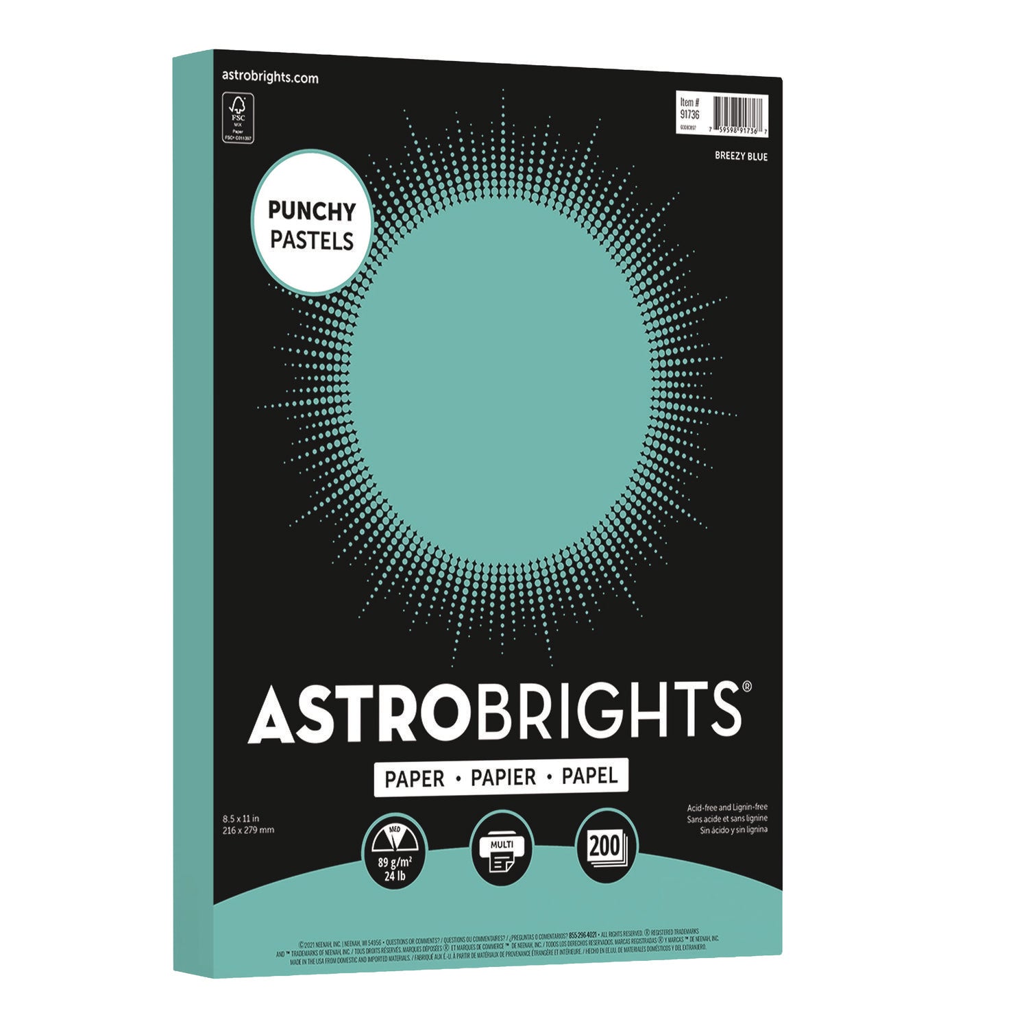 Astrobrights Color Paper - "Punchy Pastels" Assortment, 24 lb Bond Weight, 8.5 x 11, Breezy Blue, 200/Pack (WAU91736) Pack of 200