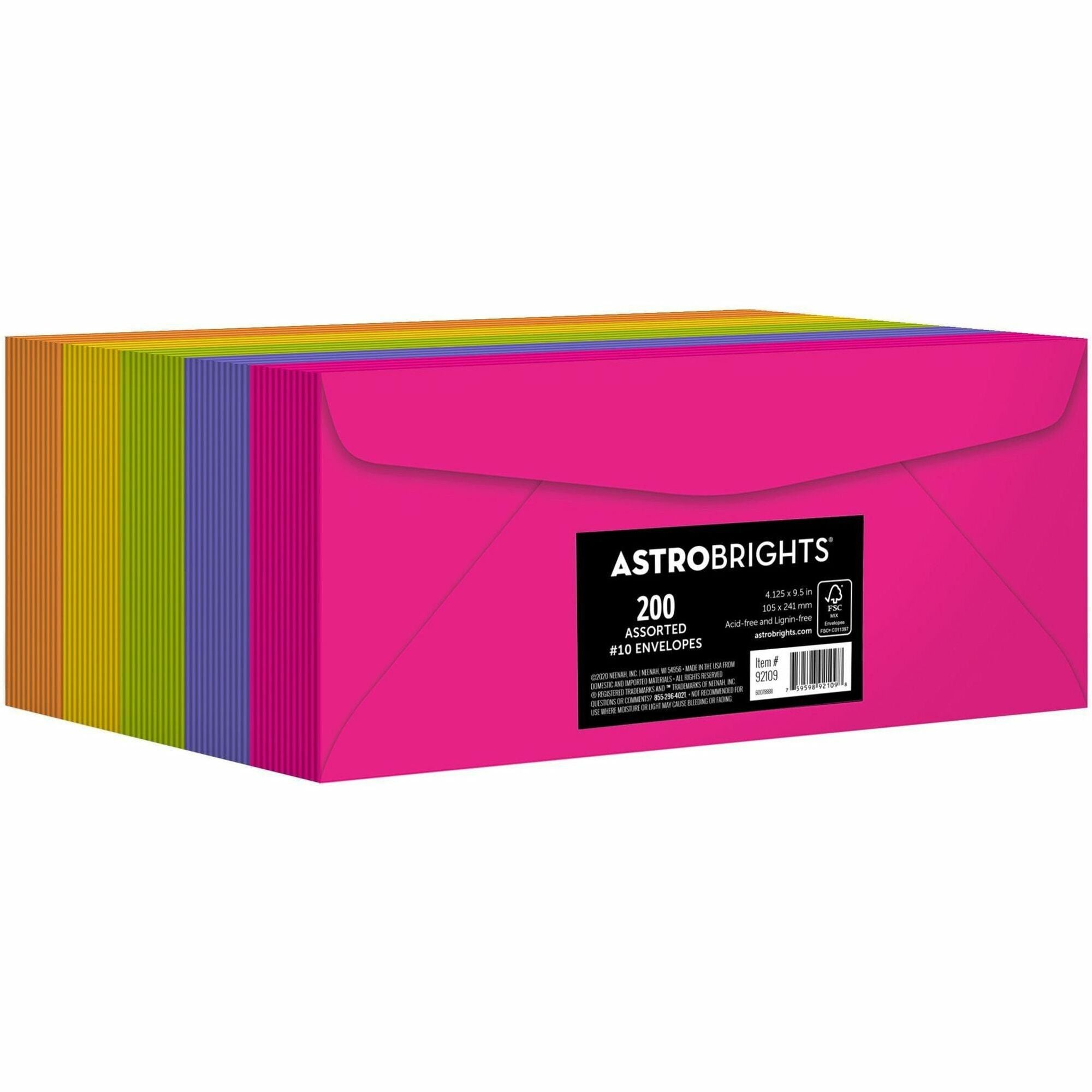 Astrobrights No. 10 Colored Envelopes, Multipurpose, #10, 24 lb, 200/Pack, Assorted (WAU92109) Pack of 200