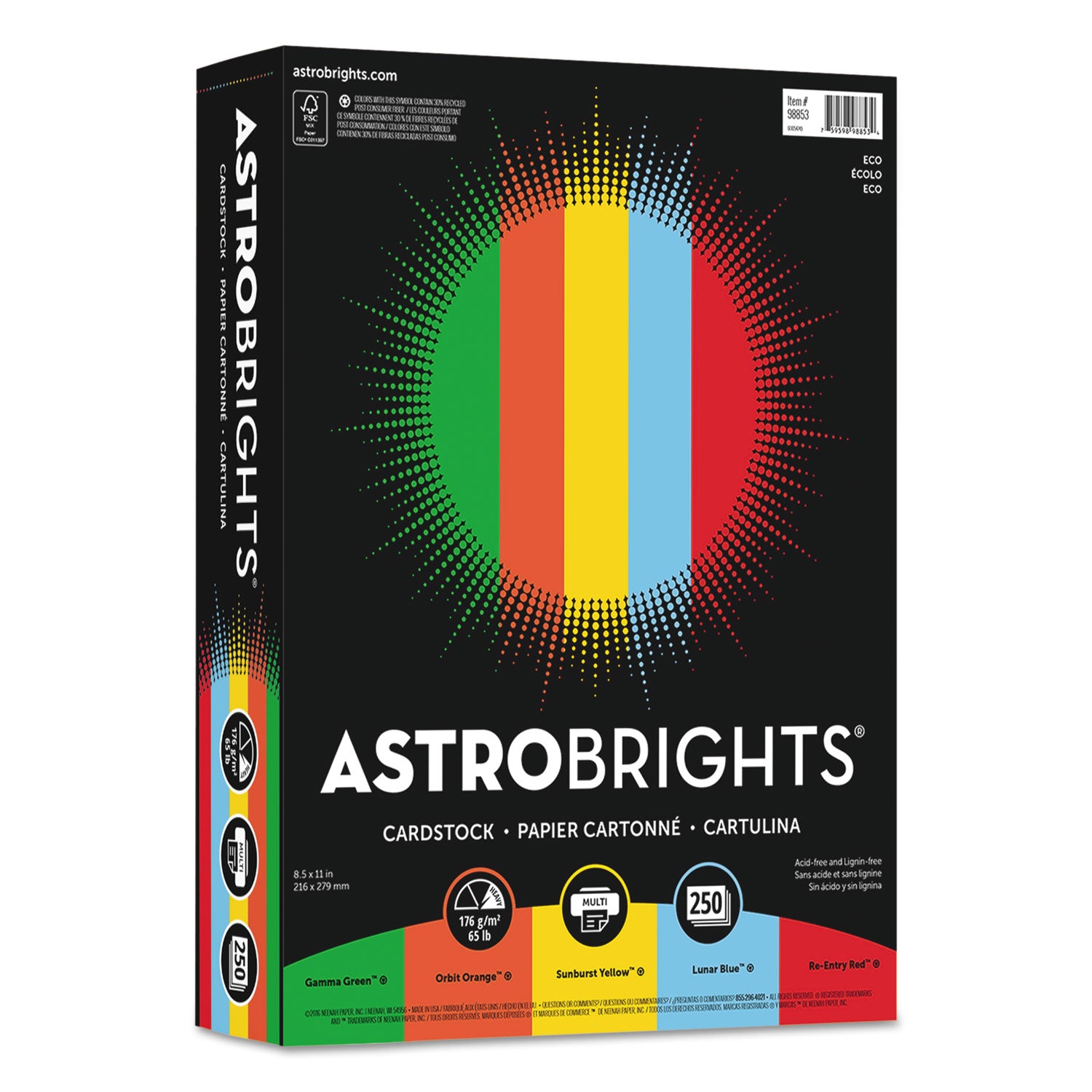 Astrobrights Color Cardstock -"Eco" Assortment, 65 lb Cover Weight, 8.5 x 11, Assorted, 250/Pack (WAU98853) Pack of 250