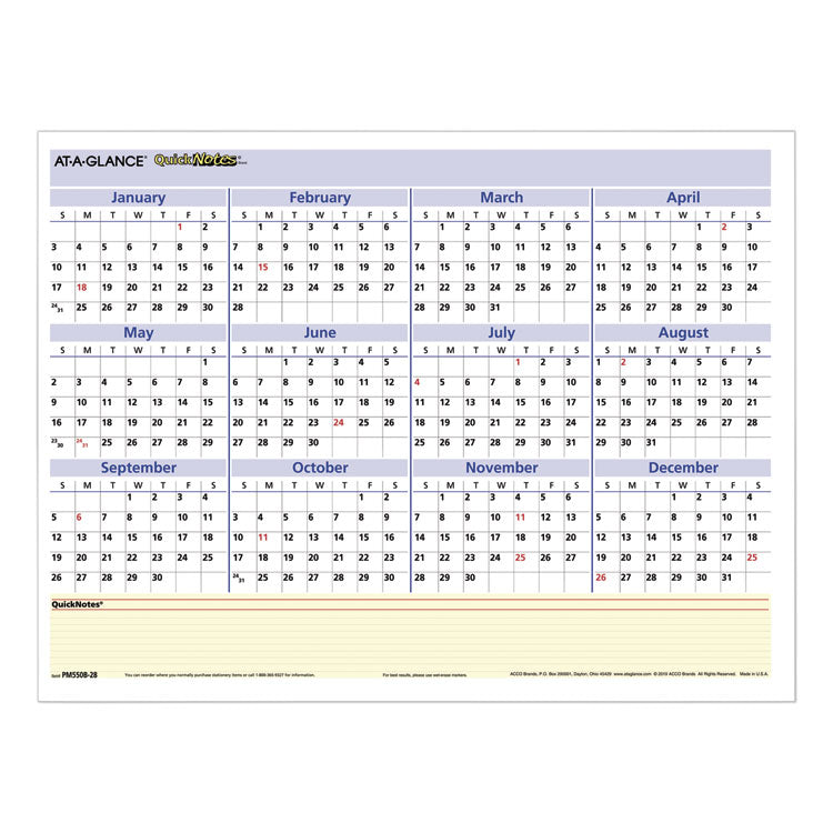 AT-A-GLANCE QuickNotes Mini Erasable Wall Planner, 16 x 12, White/Blue/Yellow Sheets, 12-Month (Jan to Dec): 2026 (AAGPM550B28) Each