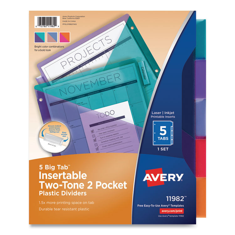 Avery Big Tab Insertable Two-Pocket Plastic Dividers, 5-Tab, 11.13 x 9.25, Assorted, 1 Set (AVE11982)