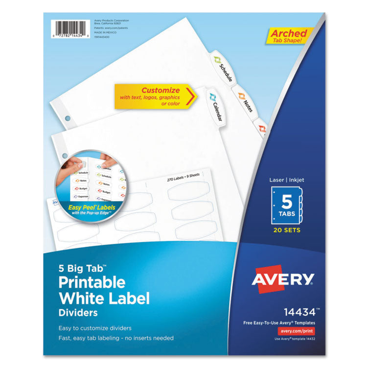 Avery Big Tab Printable White Label Tab Dividers, 5-Tab, 11 x 8.5, White, 20 Sets (AVE14434) Box of 20