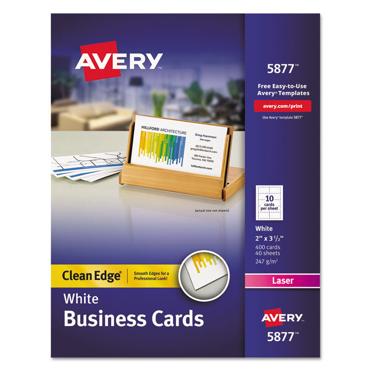 Avery Clean Edge Business Cards, Laser, 2 x 3.5, White, 400 Cards, 10 Cards/Sheet, 40 Sheets/Box (AVE5877) Box of 400