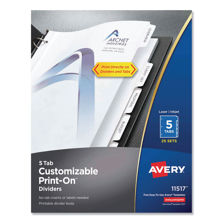 Avery Customizable Print-On Dividers, 3-Hole Punched, 5-Tab, 11 x 8.5, White, 25 Sets (AVE11517) Box of 25