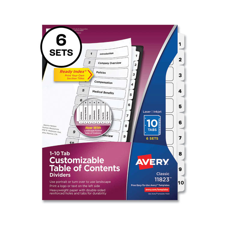 Avery Customizable Table of Contents Ready Index Black and White Dividers, 10-Tab, 1 to 10, 11 x 8.5, White, 6 Sets (AVE11823) Pack of 6